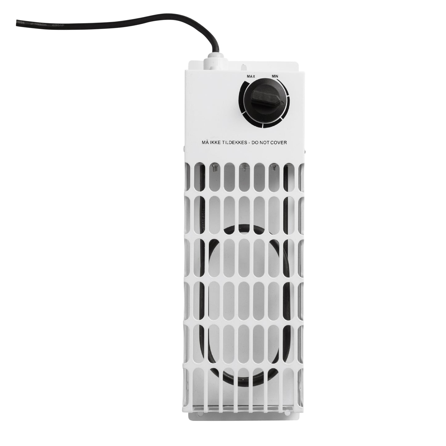 Frostvagt 200W el-radiator, hvid, ventileret front, kontrolknap øverst, strømkabel bagpå, "DO NOT COVER" printet.