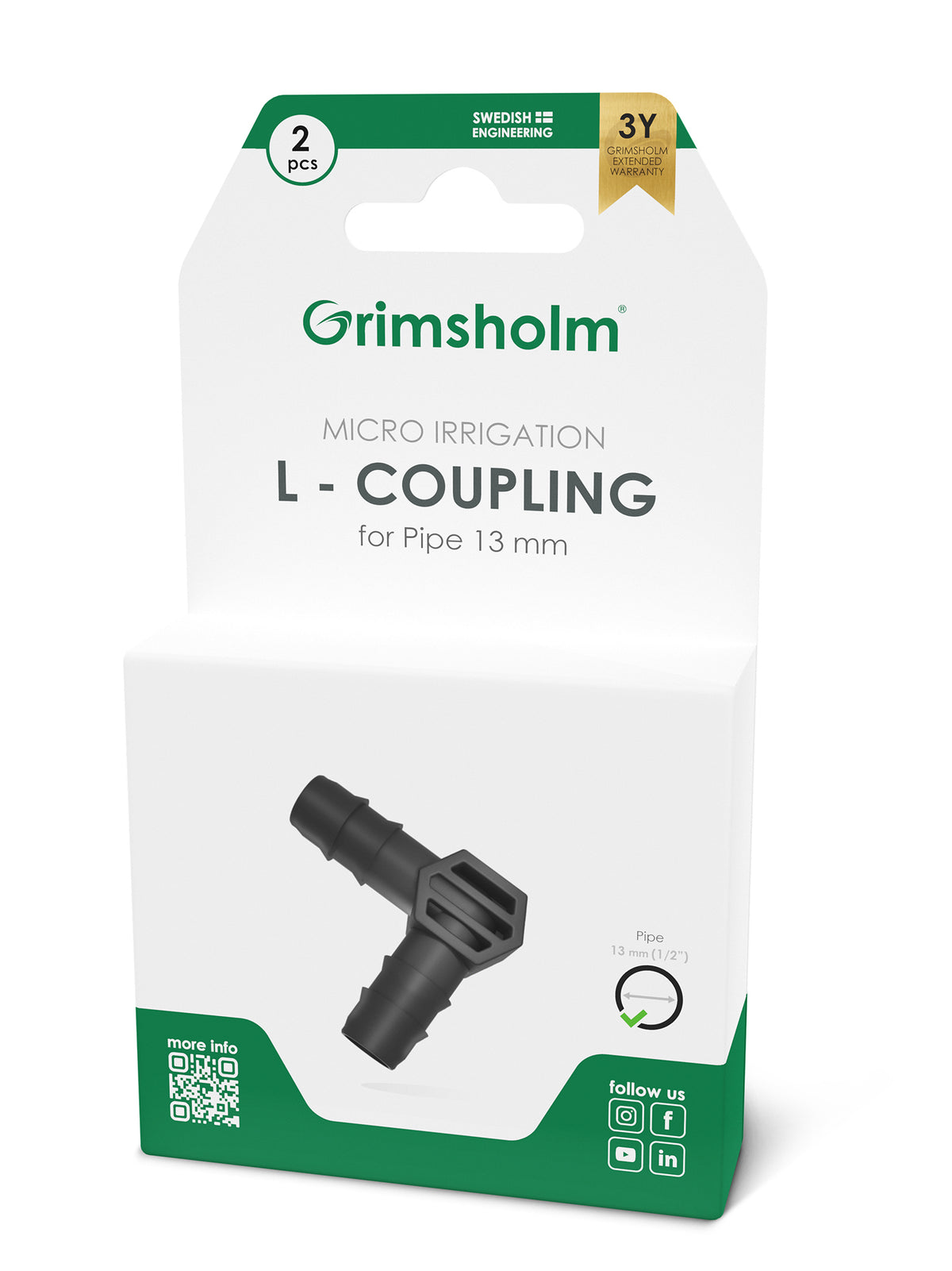 Grimsholm L-kobling 13 mm, 1/2", 2-pak
