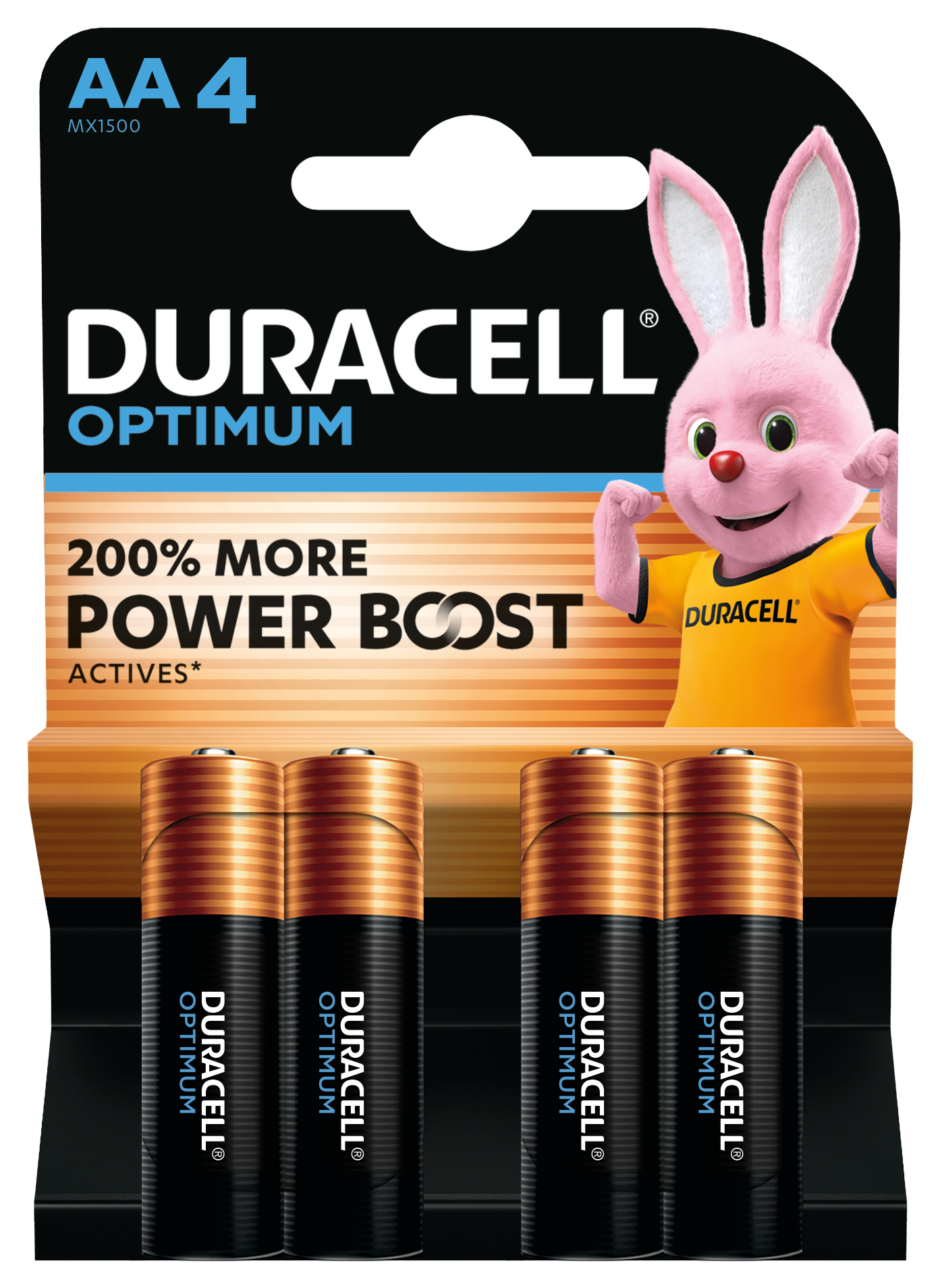 Duracell Optimum AA-batterier 4 stk pakke, Duracell-kanin til højre, tekst "200 More Power Boost" og "AA 4.