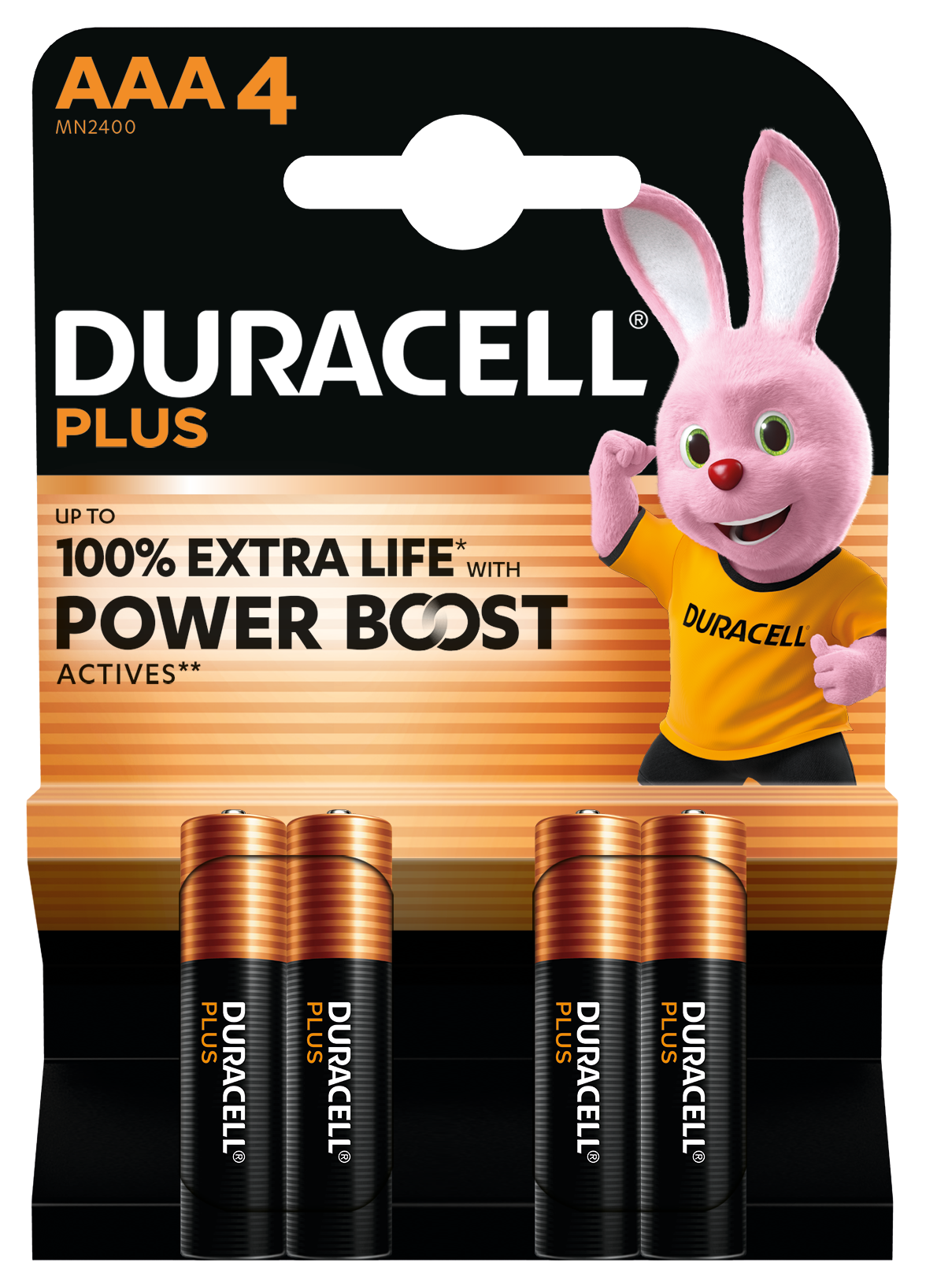 Duracell Plus Boost AAA-batterier 4 stk, pink kanin i orange t-shirt, tekst: "100 ekstra levetid med power boost.
