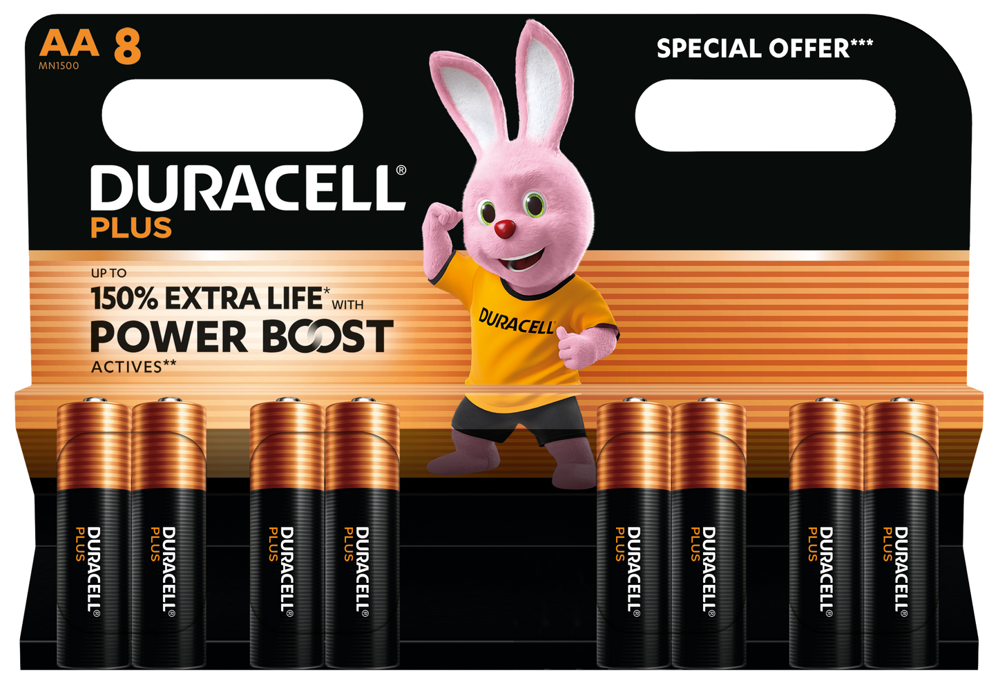 Duracell Plus Boost AA-batteri 8 stk, 150 ekstra levetid, Power Boost, emballage med lyserød kanin i orange trøje.