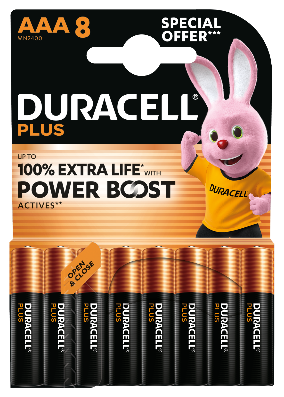 Duracell Plus Boost AAA-batterier 8 stk sort kobber emballage lyserød Duracell Bunny tekst: 100 ekstra levetid, særligt tilbud.