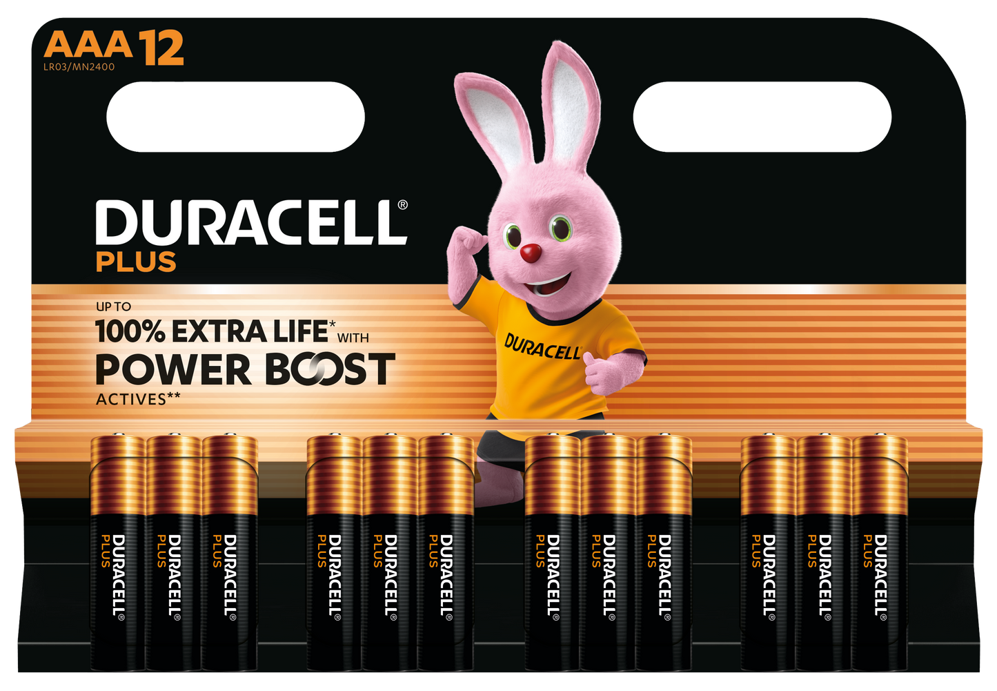 Duracell Plus Boost AAA-batterier 12 stk med pink kanin og tekst om 100 ekstra levetid Power Boost-teknologi.