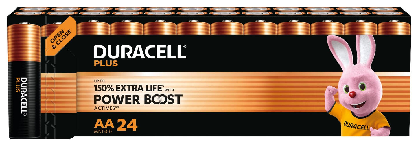 Duracell Plus Boost AA-batterier 24 stk kobber-sort design med Duracell Bunny og tekst om op til 150 ekstra levetid.