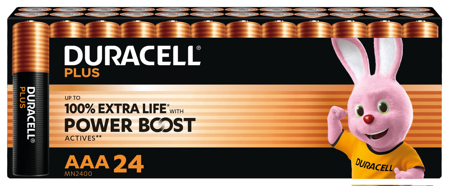 Duracell Plus Boost AAA alkaliske batterier 24 stk i sort/guld æske med kaninlogo og tekst om 100 ekstra levetid.