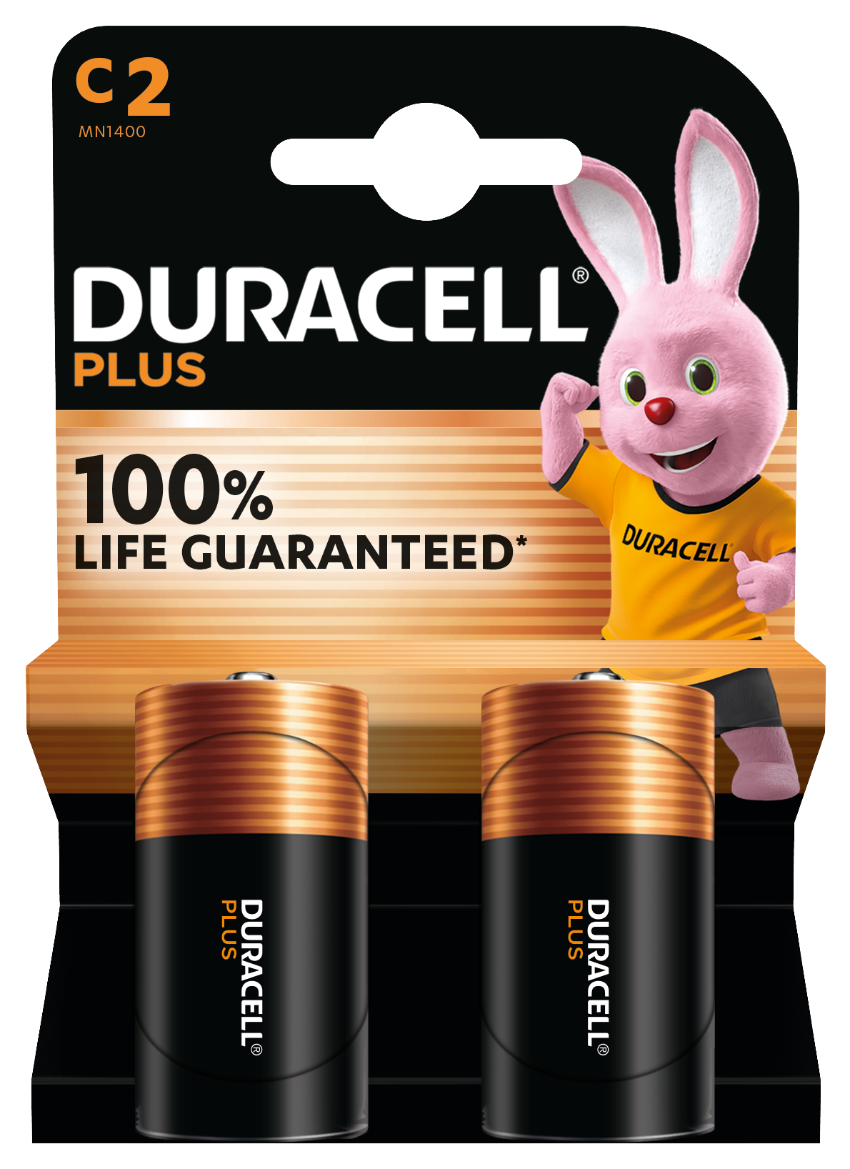 Duracell Plus C-batterier 2-pak i emballage med pink Duracell Bunny, gul trøje, LR14 MN1400 og Duracell-logo.