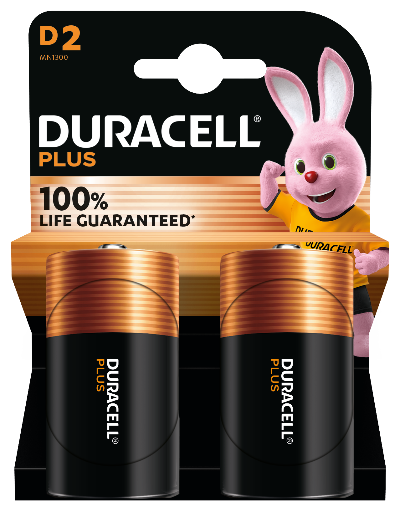 Duracell Plus D-batterier 2 stk i sort og kobber emballage, Duracell Bunny til højre, "100 Life Guaranteed", "D2.