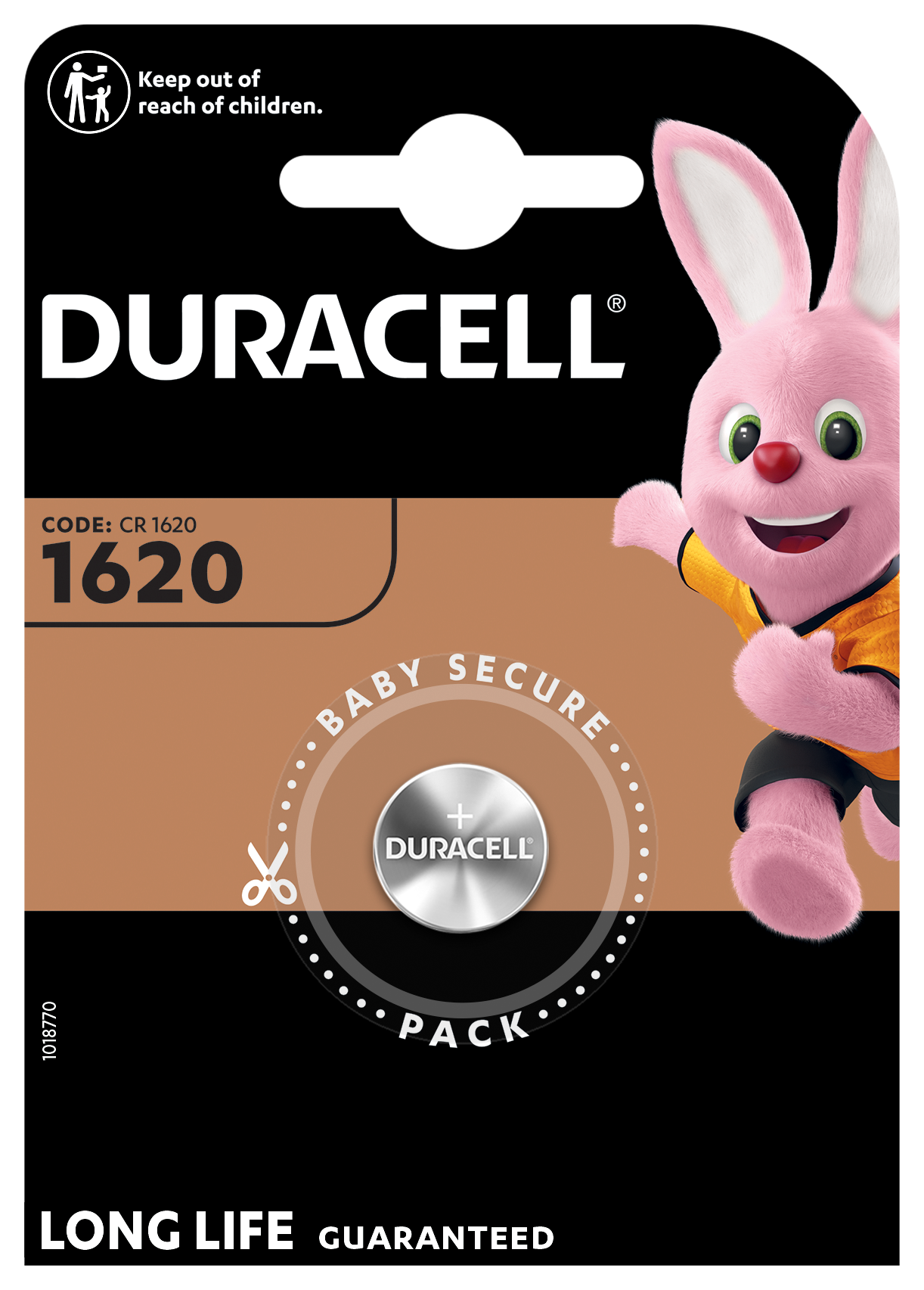 Duracell CR1620 lithium knapcellebatteri 1 stk i emballage med Duracell-kanin, LONG LIFE GUARANTEED og Baby Secure Pack.