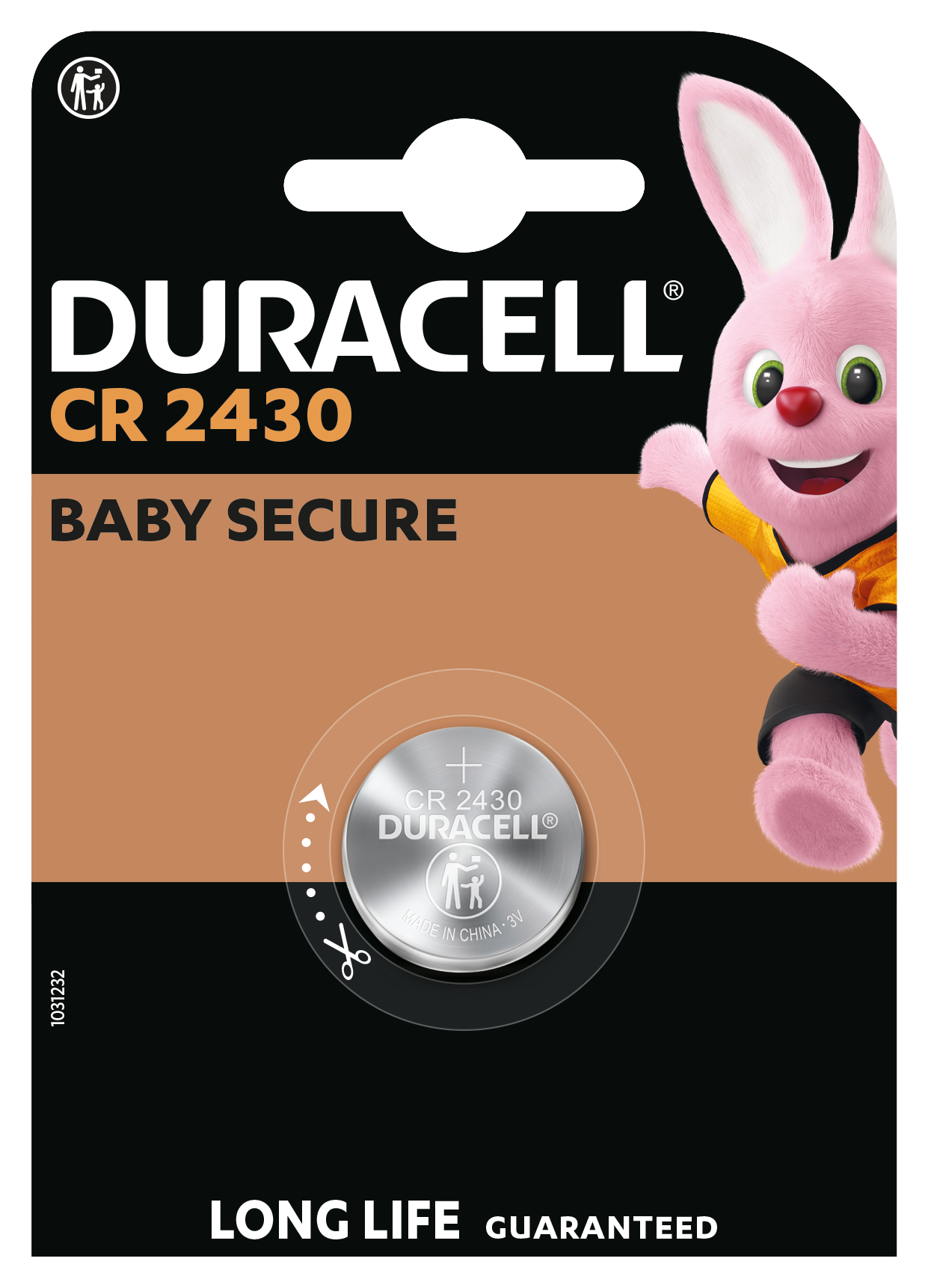 Duracell CR2430 lithium knapcellebatteri 1 stk med Duracell-kanin, BABY SECURE mærkning og LONG LIFE GUARANTEED.