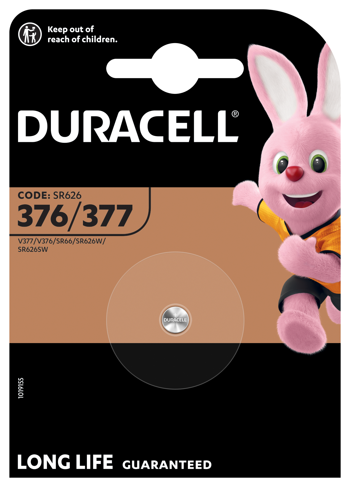 Duracell 376/377 sølvoxid knapcellebatteri, 1 stk, synligt i midten med Duracell Bunny og sikkerhedsadvarsel for børn.