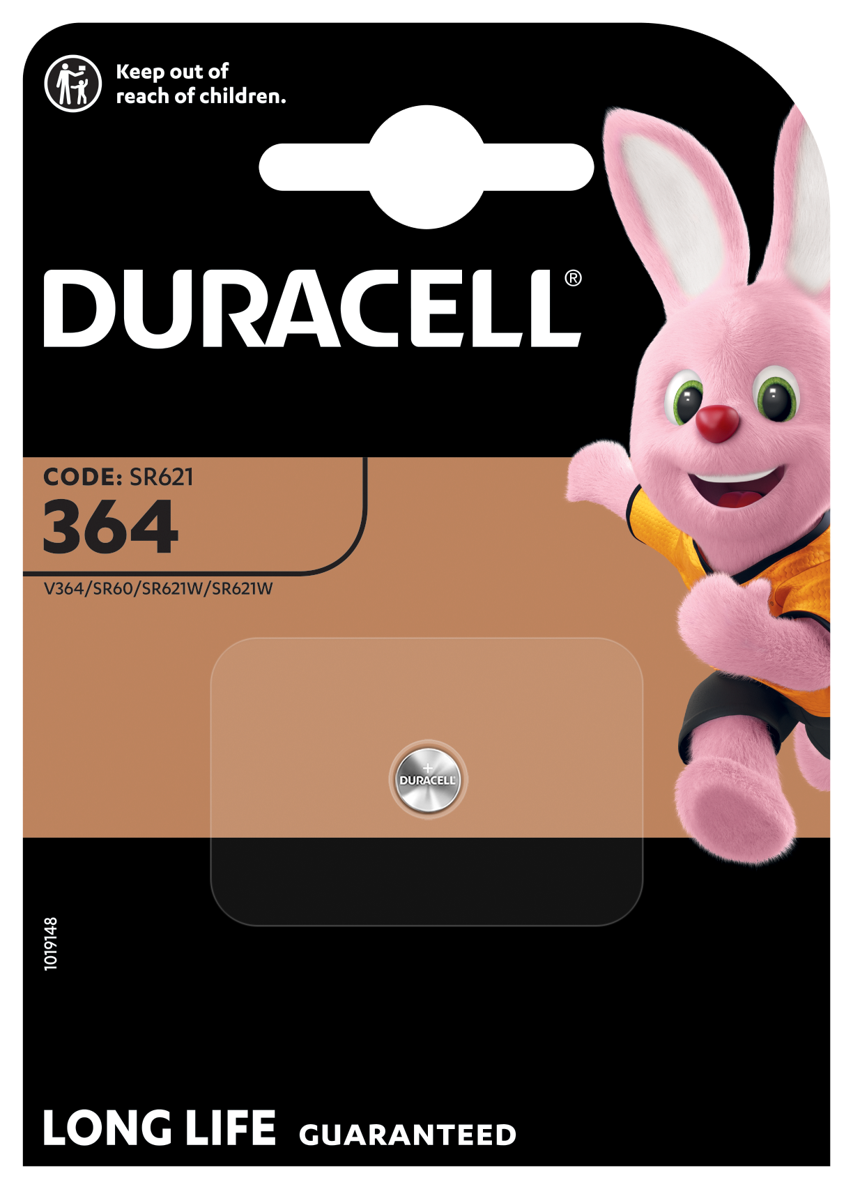 Duracell 364 sølvoxid knapcellebatteri SR621SW i emballage med Duracell-logo, kanin og tekst Long Life Guaranteed.