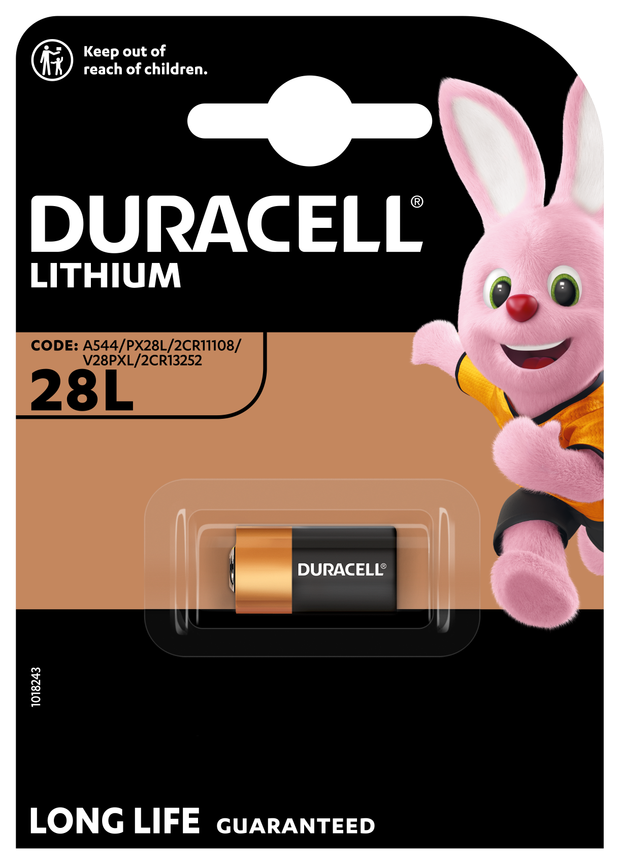 Duracell 28L lithiumbatteri 1 stk sort/kobber emballage med Duracell-kanin og advarsel om at holde væk fra børn.