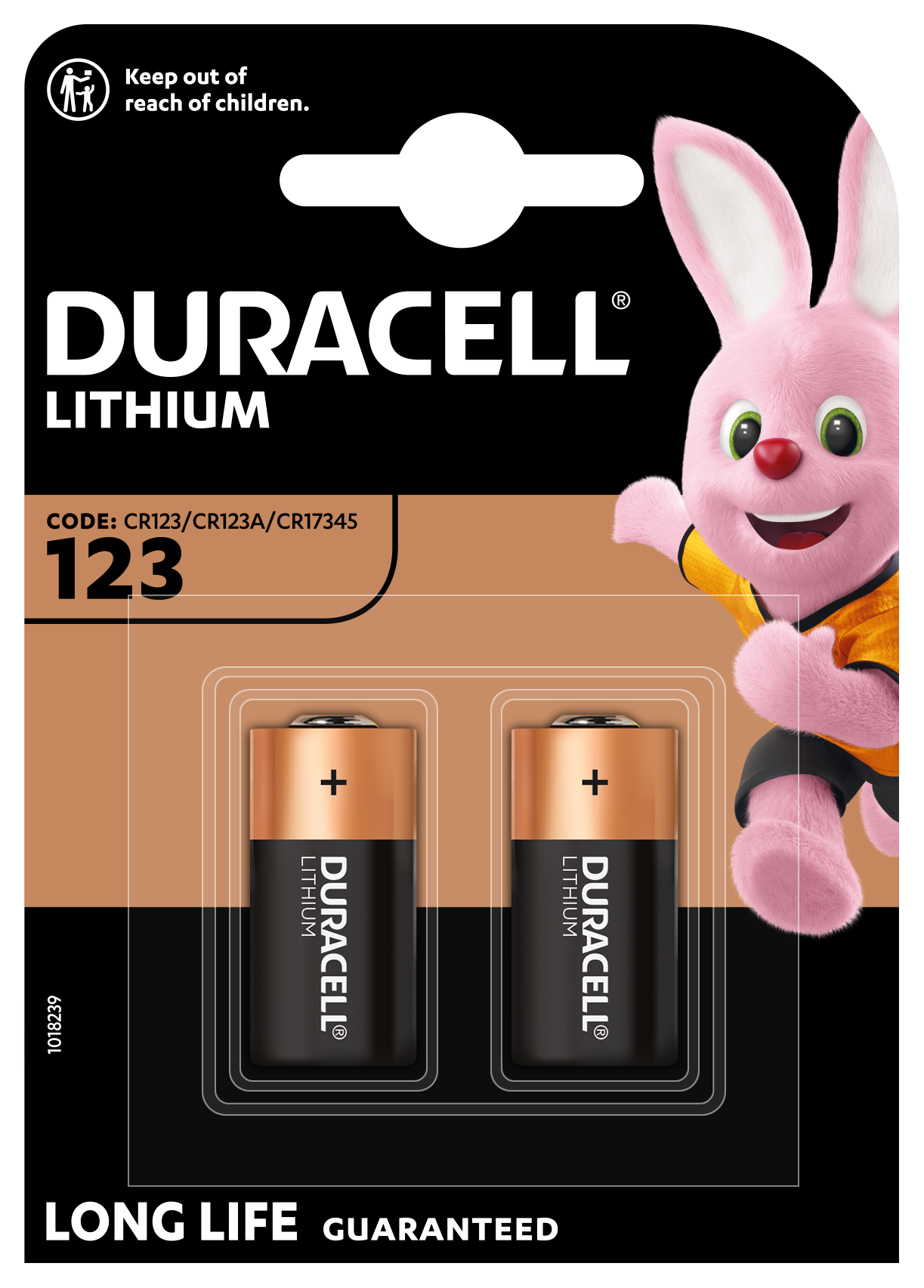 Duracell 123 lithiumbatterier 2 stk, kanin-logo, barnesikring, til kamera og elektroniske enheder.
