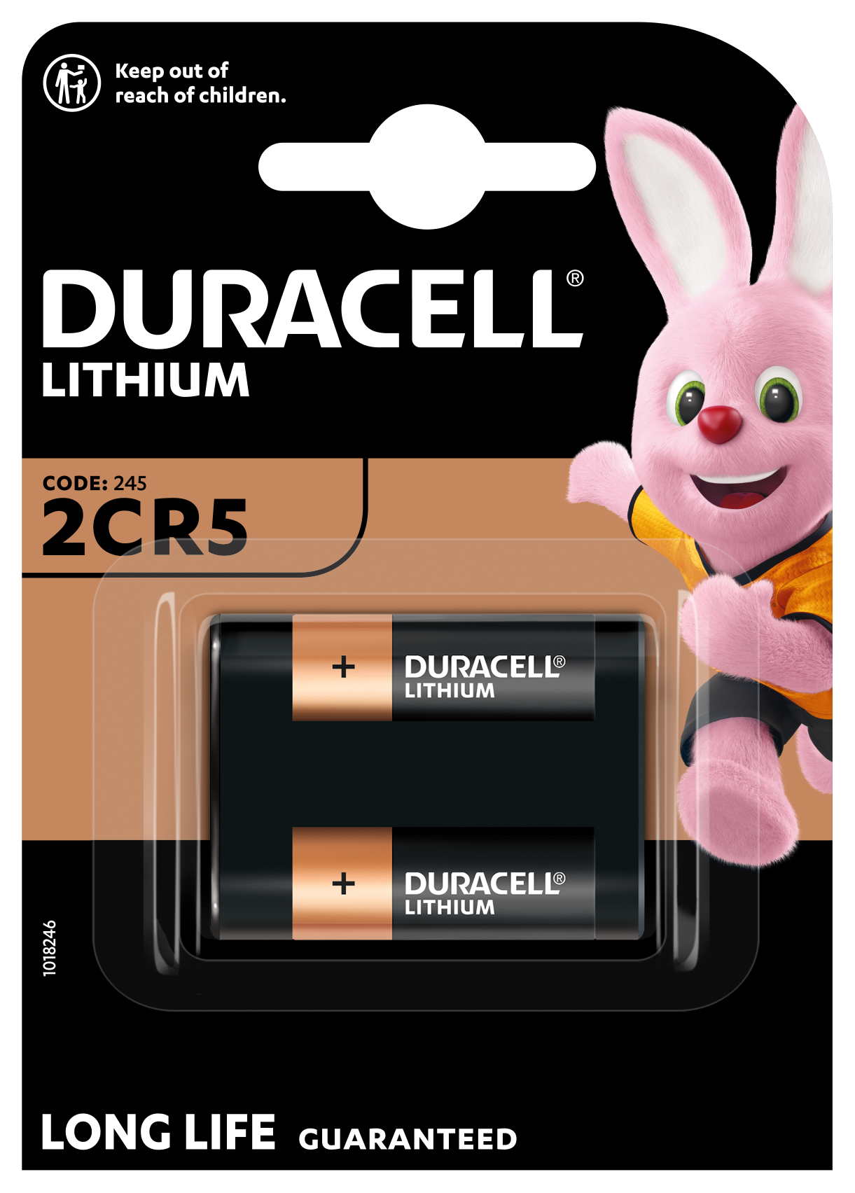 Duracell 2CR5 lithiumbatteri 1 stk sort/kobber emballage, lyserød kanin i orange trøje, "kamera batteri" tekst.