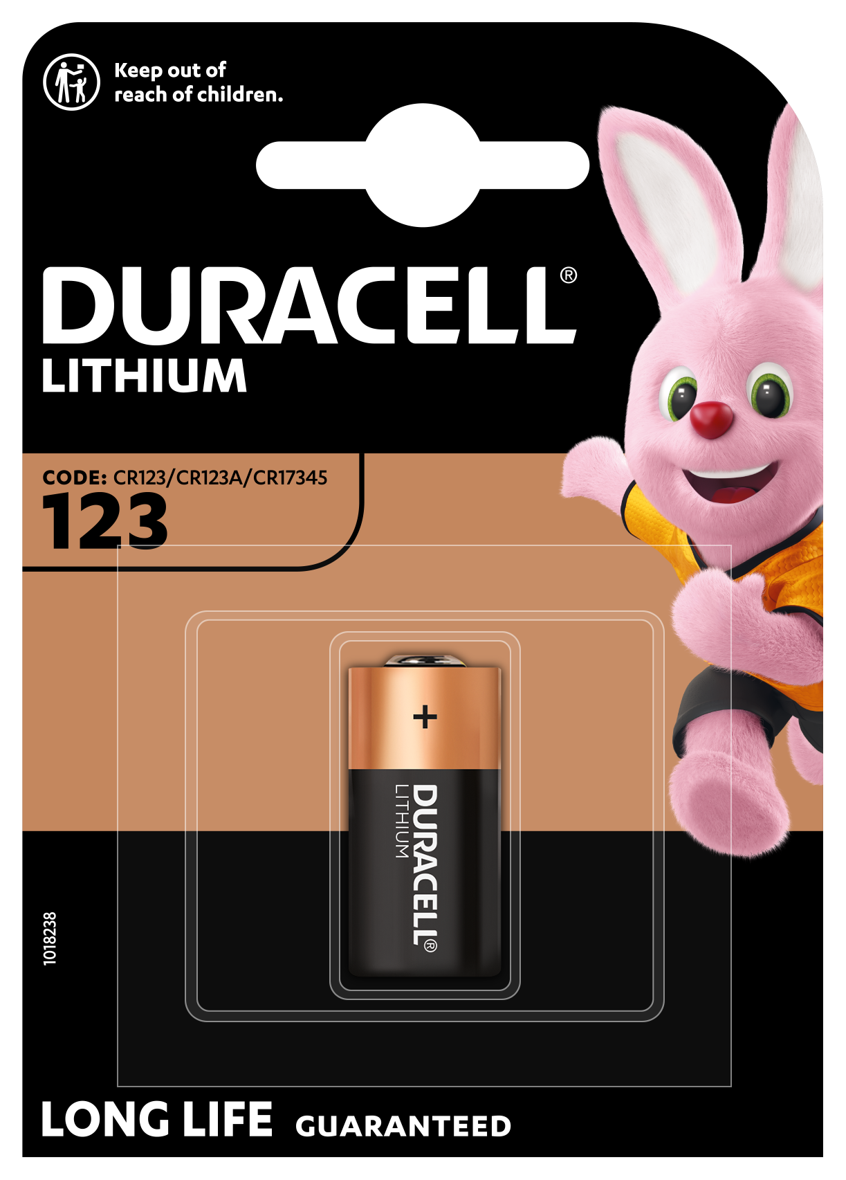 Duracell 123 lithiumbatteri 1 stk CR123A i pakning med Duracell-kanin, "Keep out of reach of children", "Long Life Guaranteed.