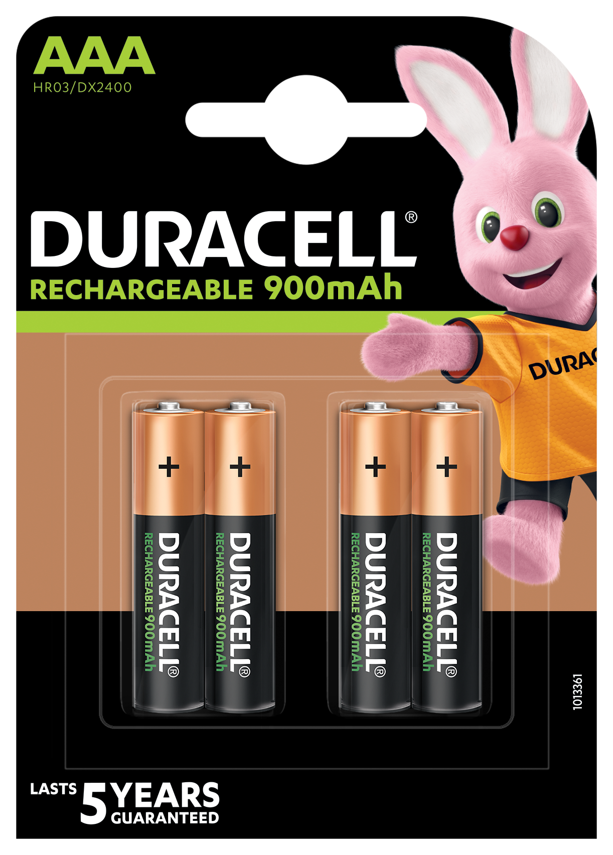Duracell Pre/Recharge AAA batterier 900mAh 4 stk med Duracell-kaniner i orange trøje og teksten Holder 5 år med garanti.