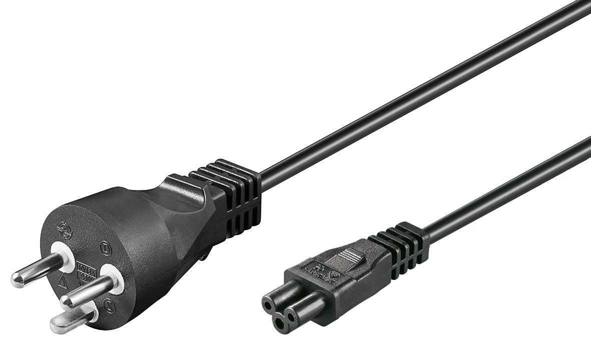 MicroConnect strømkabel DK til C5 0,5 m sort med 2-benet dansk stik og 3-huls C5-stik.