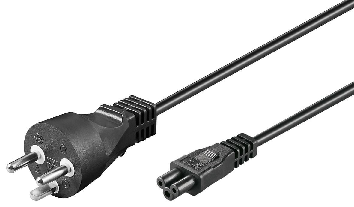 MicroConnect strømkabel DK til C5, 1,8 m, sort, europæisk stik og trebenet C5-stik på lang sort ledning.