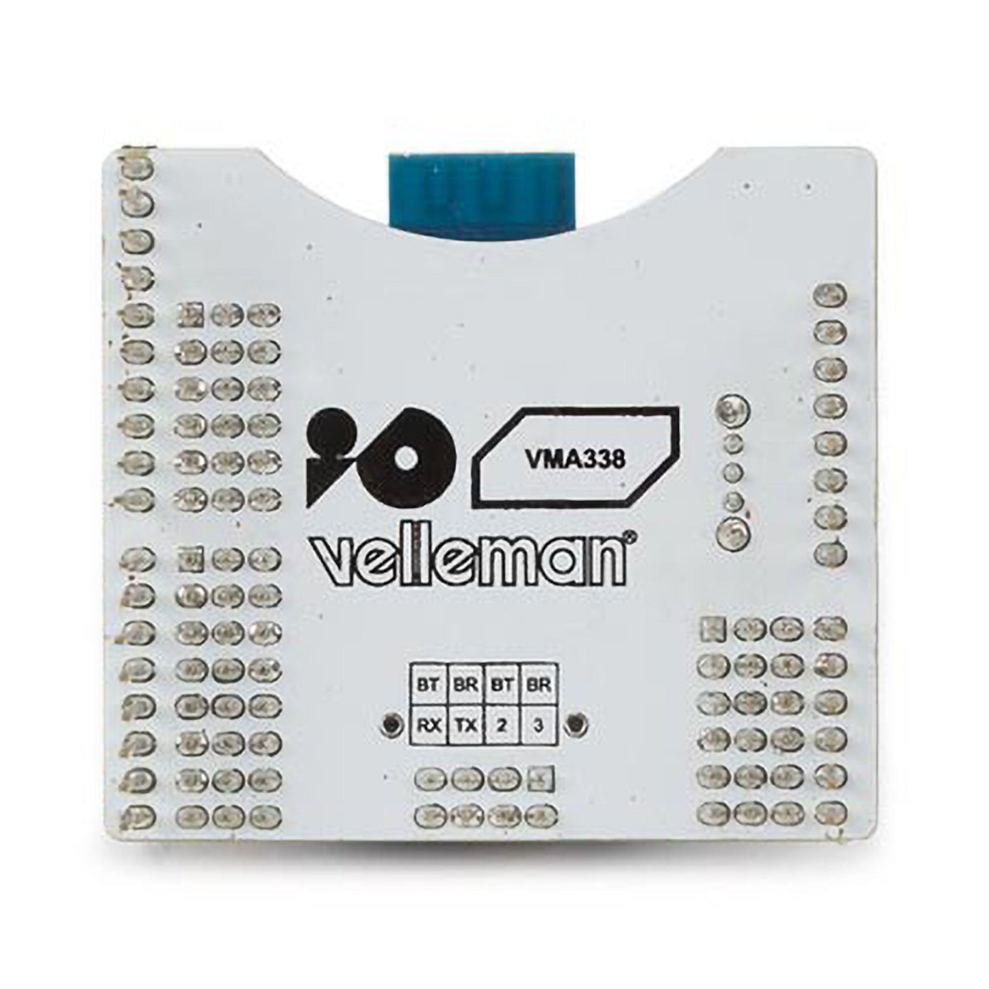 Bluetooth-modul til Arduino, hvid, mærkede pin-forbindelser, blå stik øverst, Velleman-logo centralt, synlige loddepunkter.
