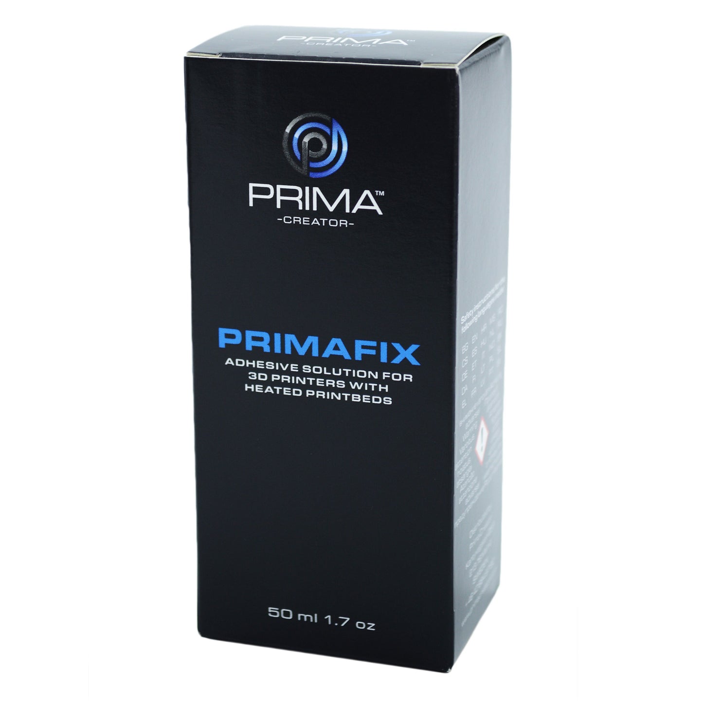 Primacreator Primafix Lim til 3D-udskrifter sort æske 50 ml hvide og blå detaljer til opvarmede printbede.