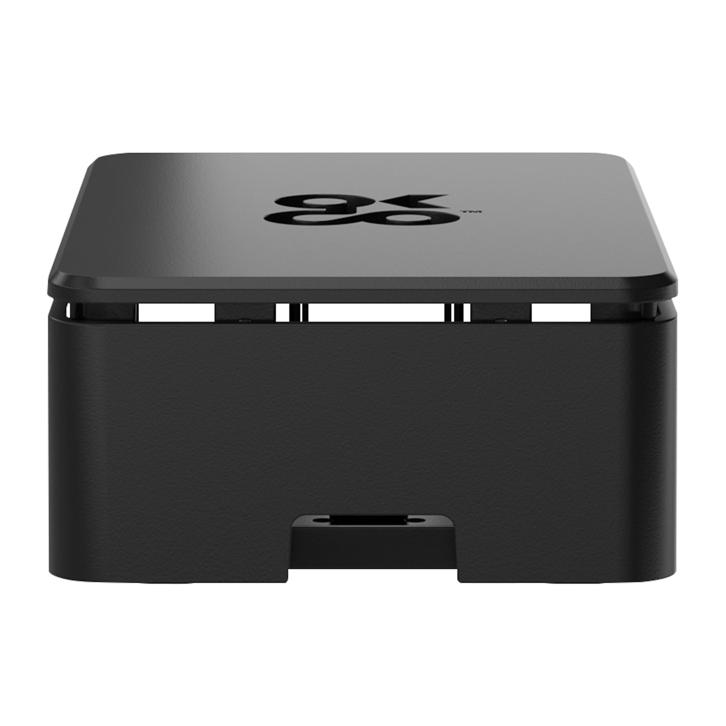Sort rektangulært chassis til Raspberry Pi 4 Model B med afrundede hjørner, ventilationshuller og "gx"-logo på toppen.
