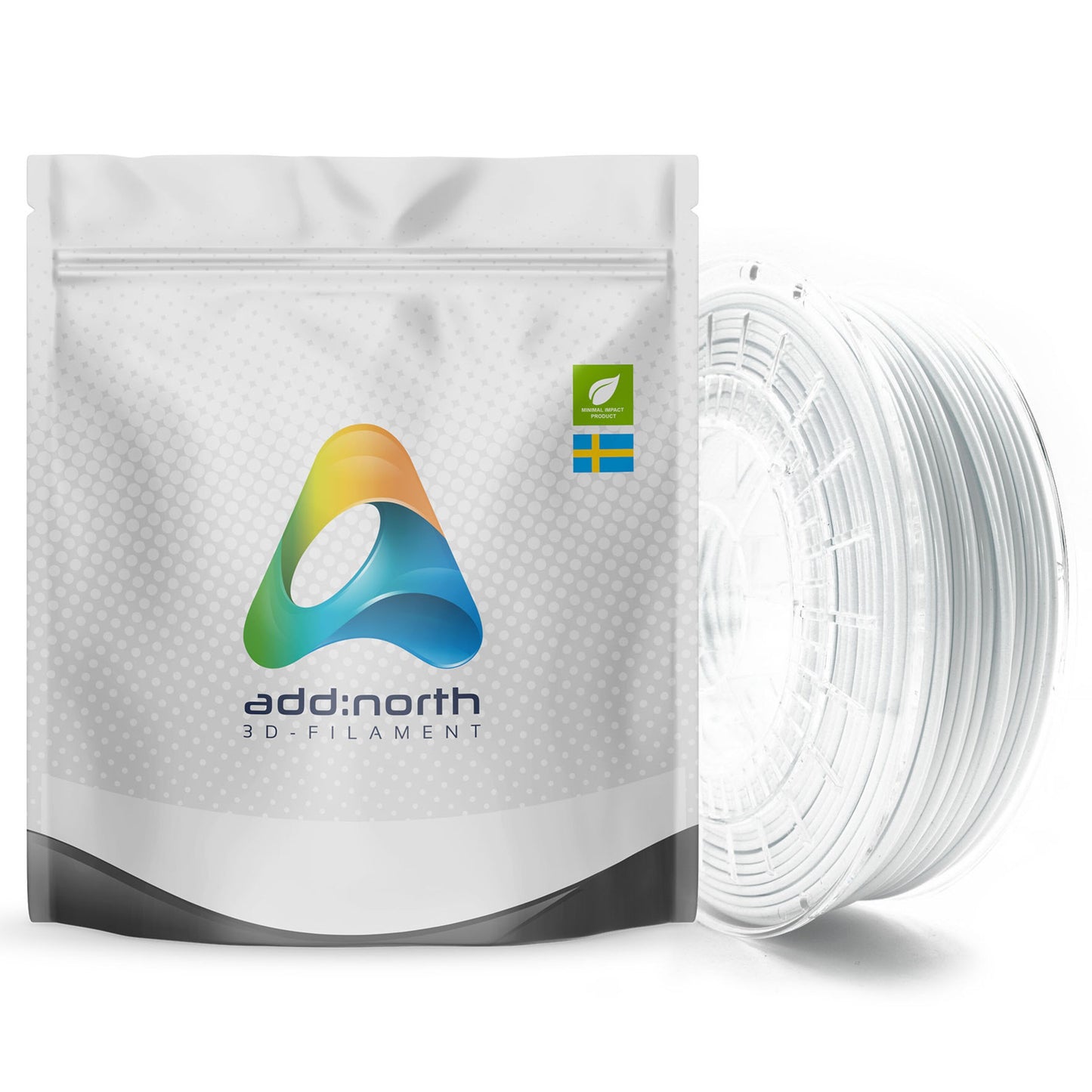 Addnorth E-PLA 3D-printer filament 1,75 mm Kold hvid ved siden af klar spole, æske med Addnorth-logo, svensk flag, øko-symbol.
