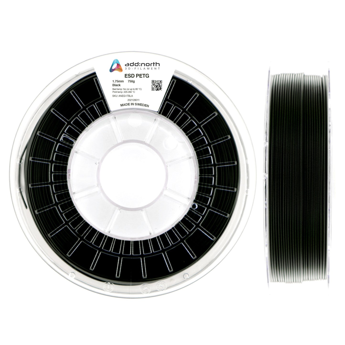Addnorth ESD PETG filament 2 spoler, sort, én med synlig label oppefra, én fra siden viser ESD-beskyttet filament.