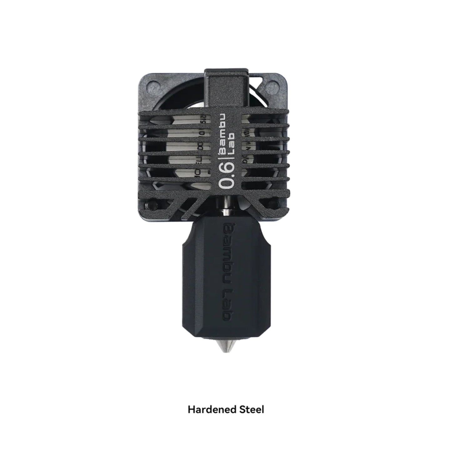 Bambu Lab hærdet stål komplet hotend til P1-serien 0,6 mm, sort med nedadvendt dyse og tekst "hærdet stål hotend.