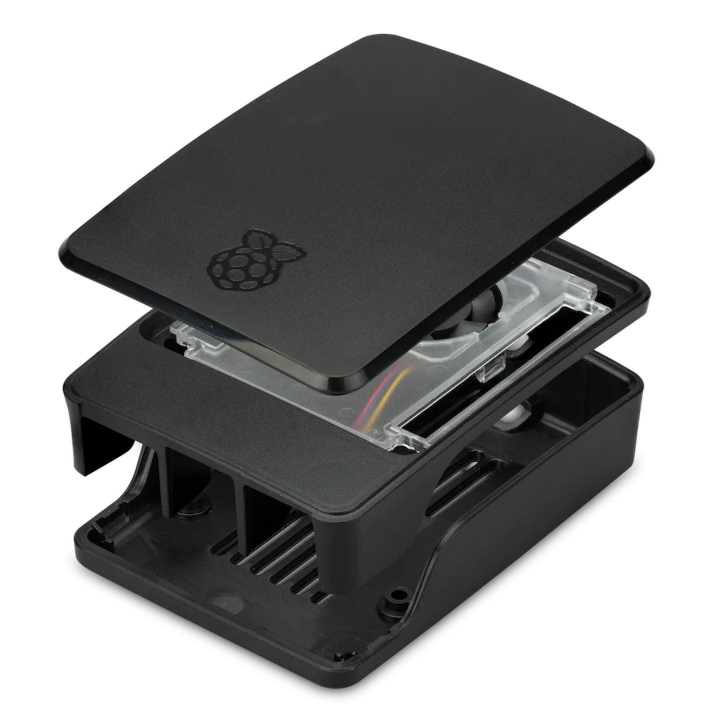 Raspberry Pi SC1159 kabinet med ventilator til Raspberry Pi 5 Model B i eksploderet visning med blæsere og farvede kabler.