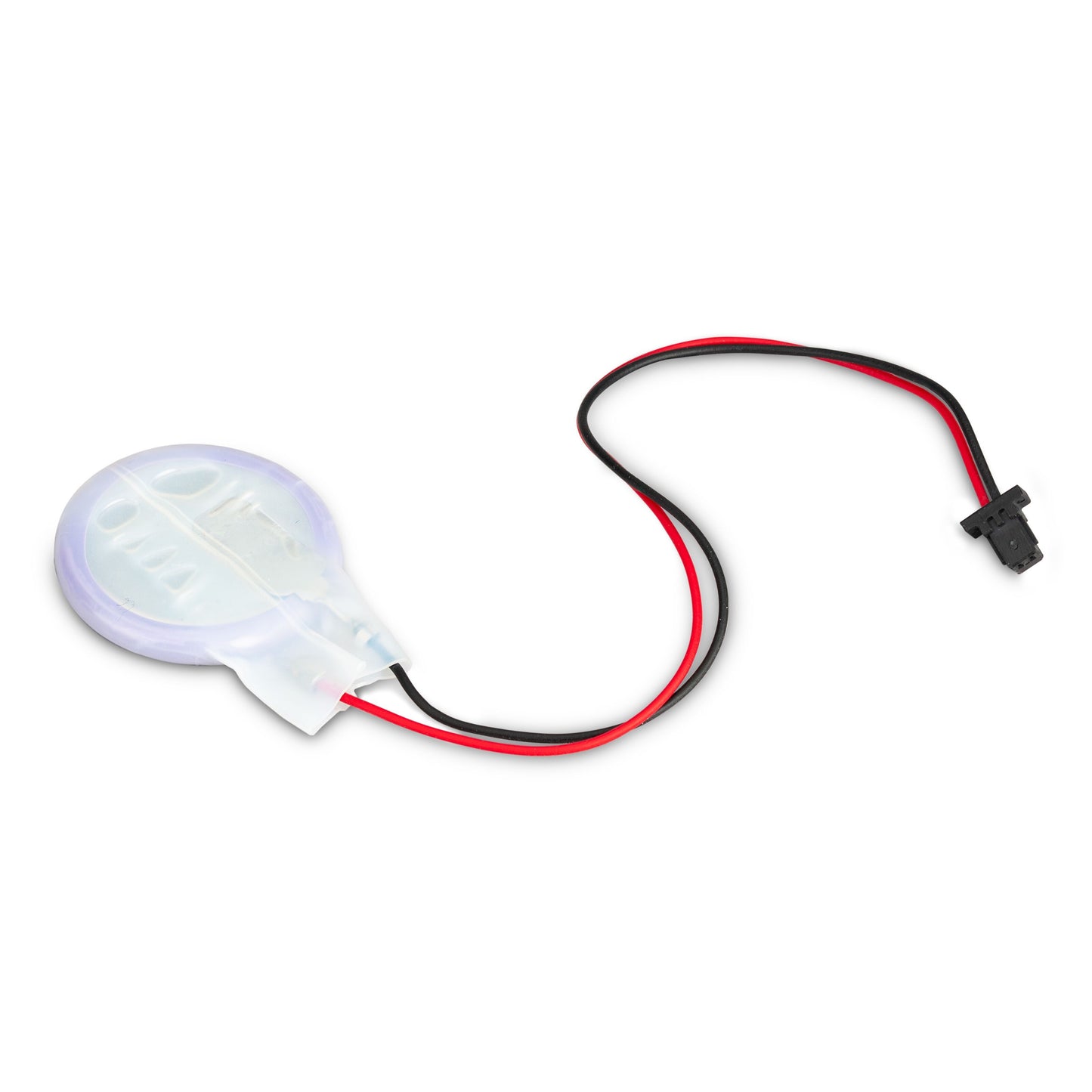 Raspberry Pi RTC-batteri til Raspberry Pi 5, rund halvgennemsigtig ML-2020 celle, rød/sort ledning, sort stik.