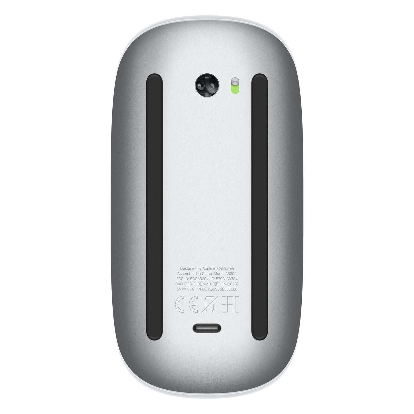 Apple Magic Mouse Hvid underside med to slags glidebaner, tænd/sluk-knap, sensor og certificeringsmærker.