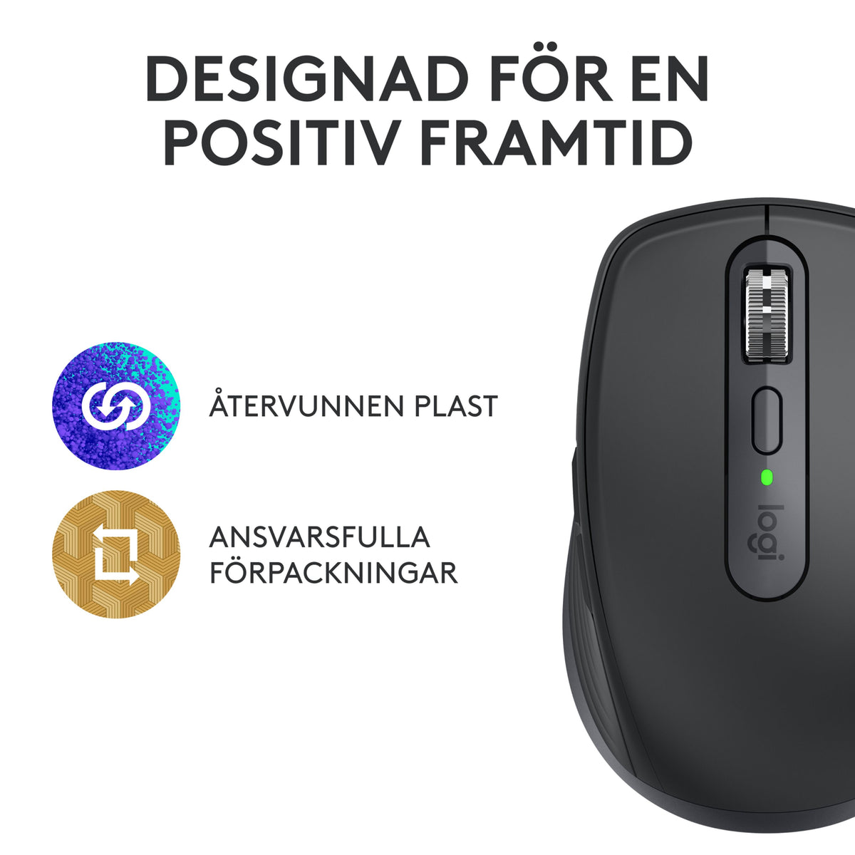 Logitech MX Anywhere 3S trådløs mus i Graphite med metalrullehjul samt ikoner for genbrugsplast og emballage.