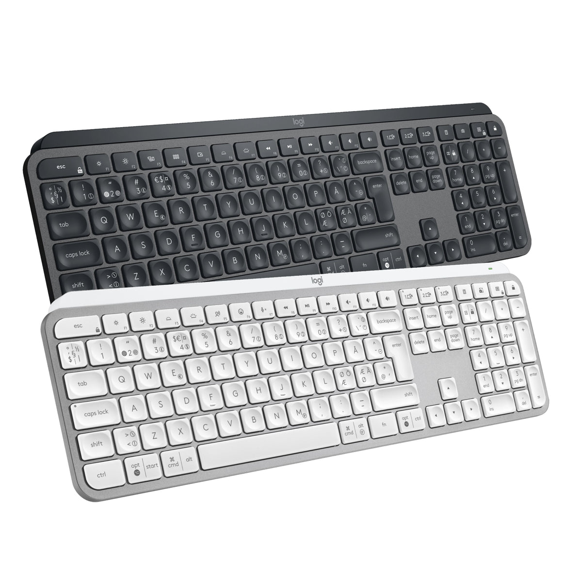 To Logitech MX Keys S trådløse tastaturer i lysegrå og mørkegrå med nordisk tastaturlayout set ovenfra.