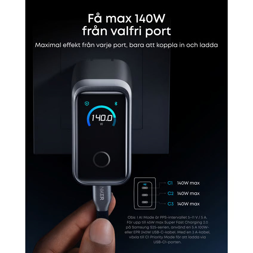 Anker Prime Charger 160W USB-C-oplader med 3 porte og display