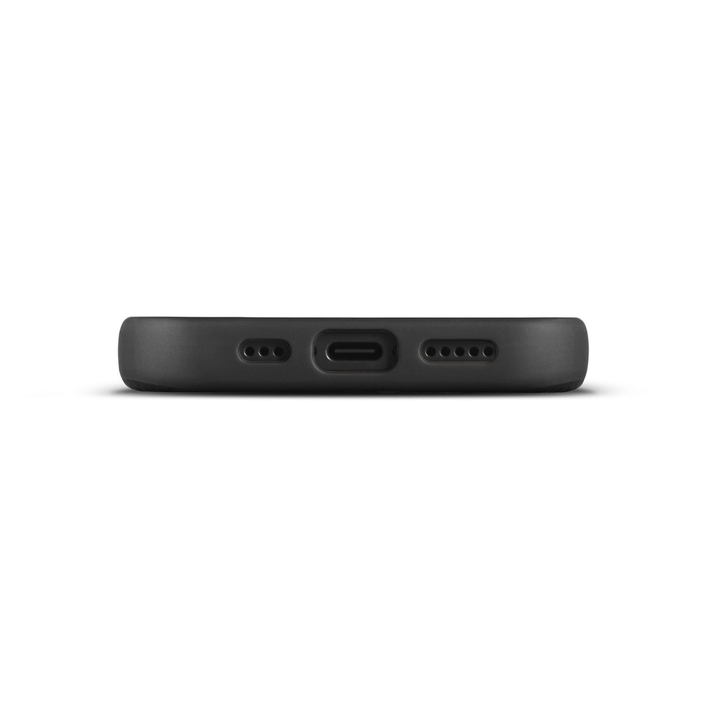 WOOLNUT læderetui til iPhone 16 Pro Sort, bundt med USB-C port og to højtalergitre, MagSafe kompatibel.
