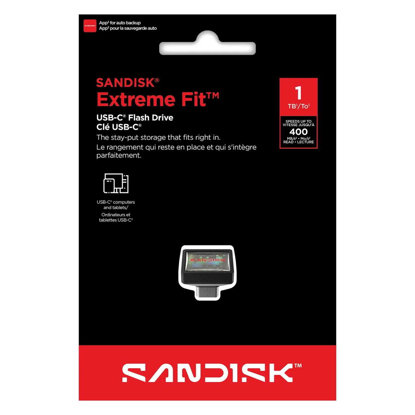 Sandisk Extreme Fit USB-C hukommelse 1TB retail-emballage, produktbillede, nøgleinfo på engelsk og fransk.