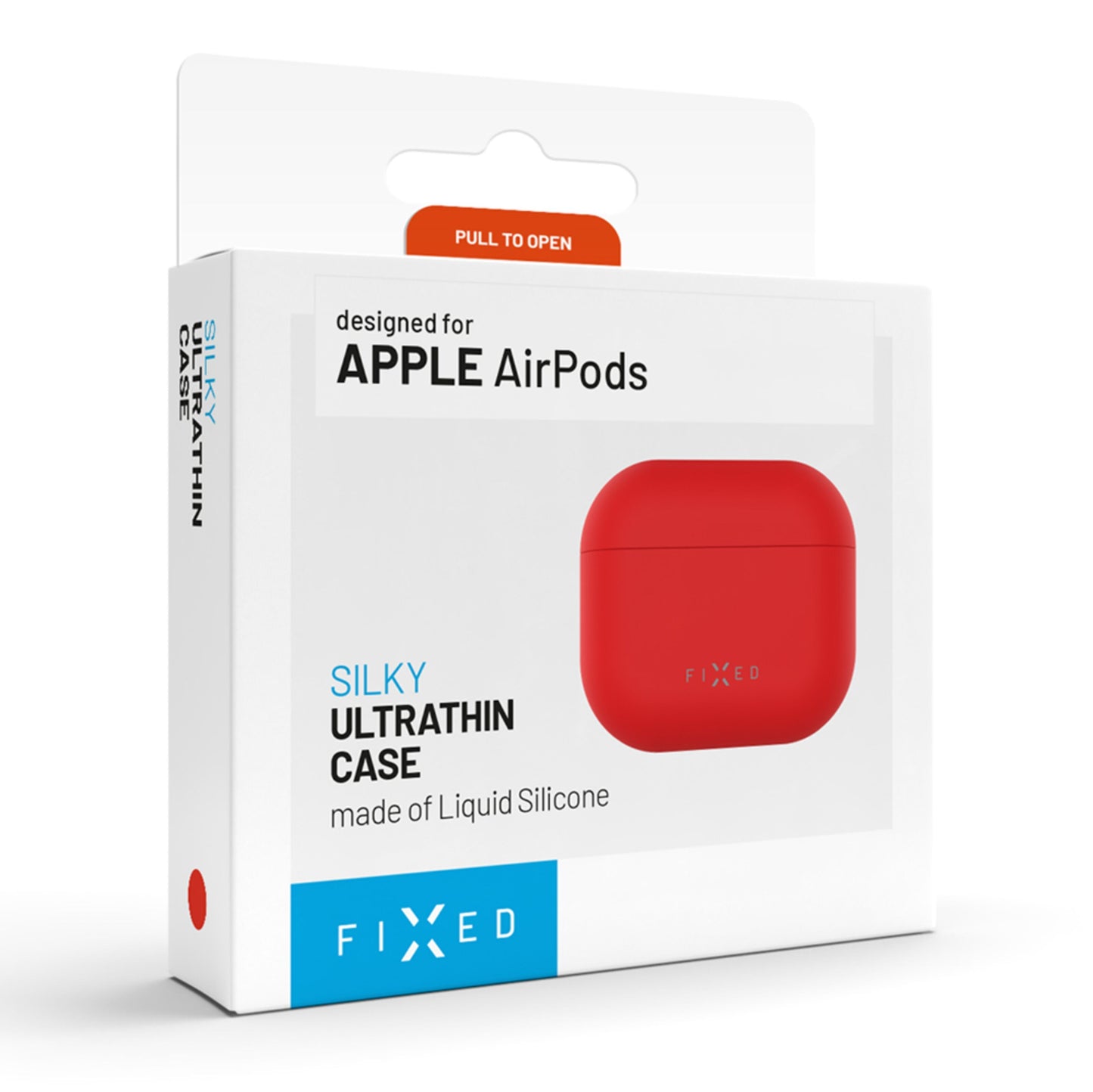 Fixed silikoneetui til Apple AirPods Pro 3 rød, hvid æske med "SILKY ULTRATHIN CASE made of Liquid Silicone" og Fixed-logo.