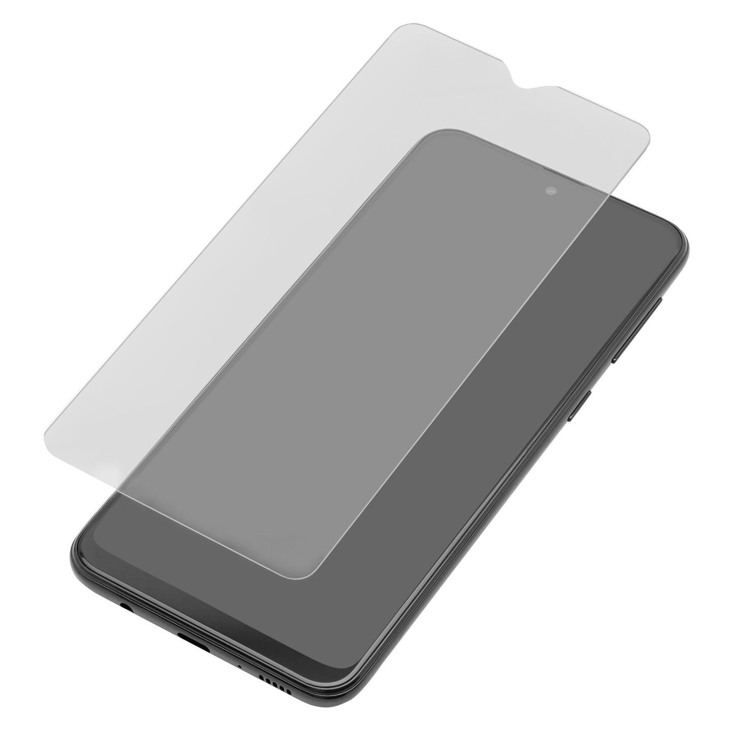 Elite Extreme skærmbeskyttelse til Galaxy A04s/A12/A13 over sort smartphone, visning af montering.