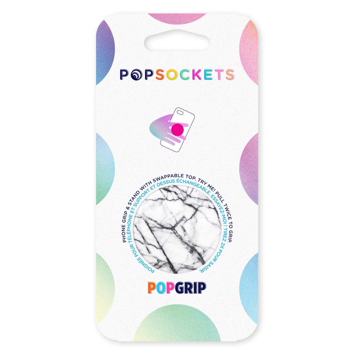 Popsockets aftageligt greb til mobil, hvid marmor, grå marmoremballage, regnbuelogo på kort med pastelfarvede prikker.