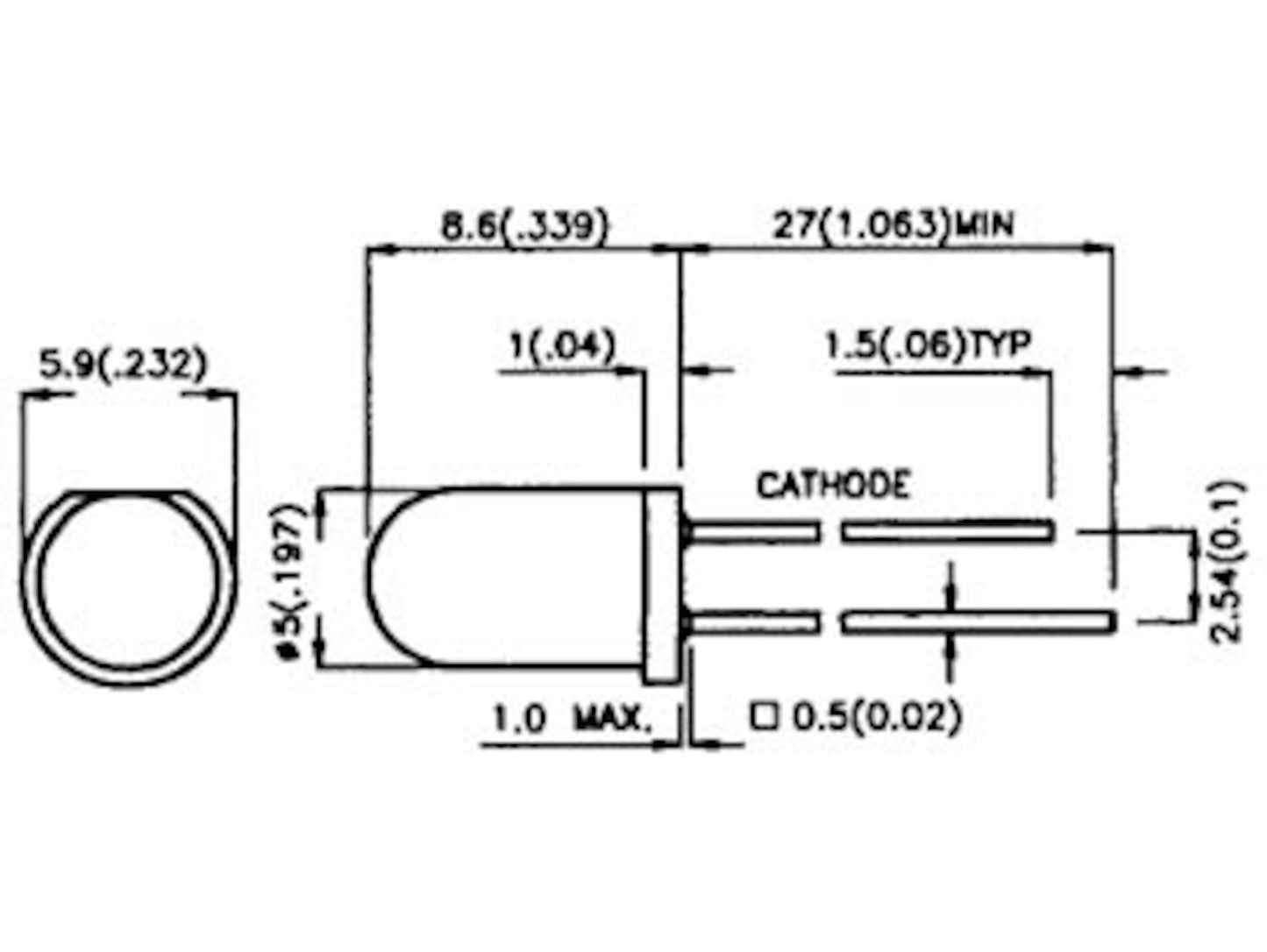 Velleman fototransistor teknisk diagram med mål i inch/mm, side/front visning, benlayout, katode/anode ledninger, SI-NPN integration.