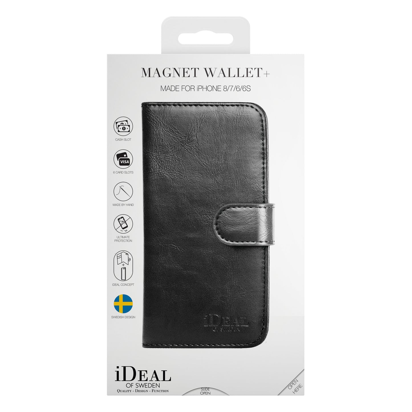 IDEAL OF SWEDEN magnetisk mobilpung til iPhone 6/7/8/SE Sort, front af emballage med produkt og logo.