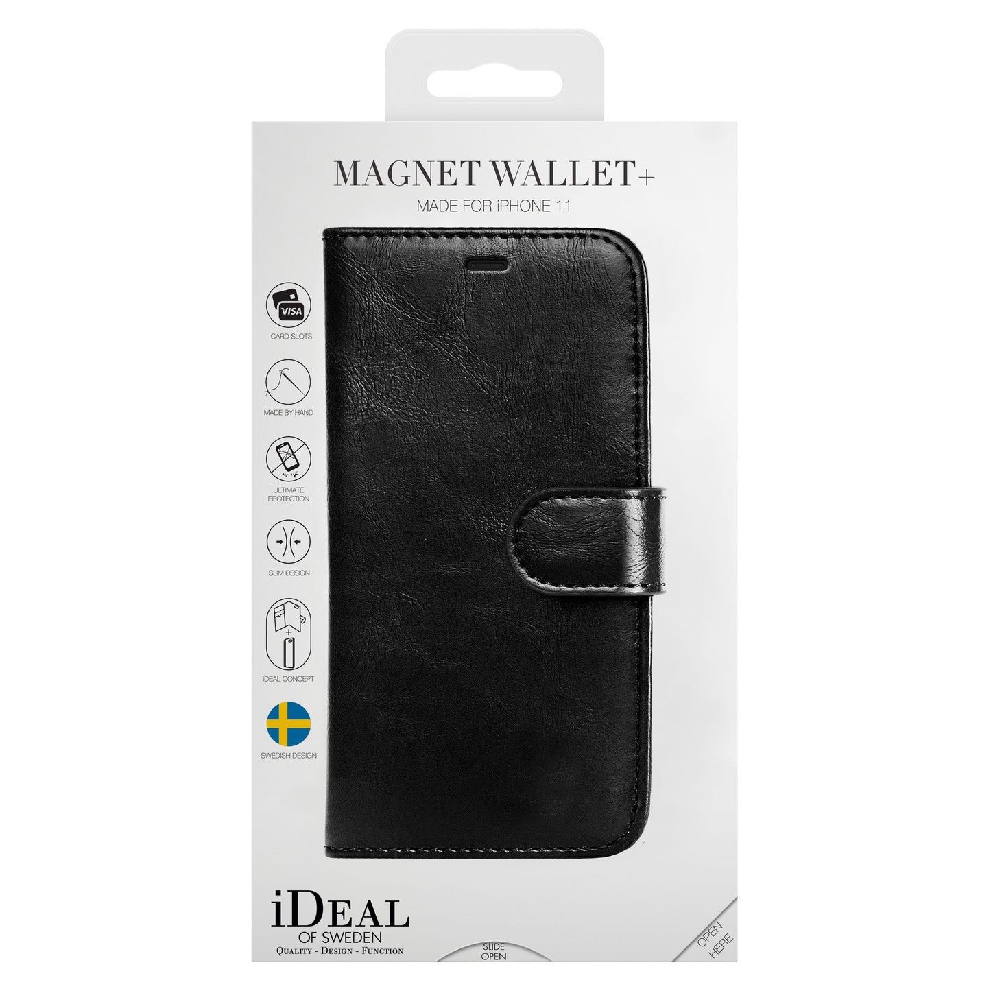 IDEAL OF SWEDEN magnetisk mobilpung iPhone Xr/11 Sort, æske med svensk flag og MAGNET WALLET+ tekst.
