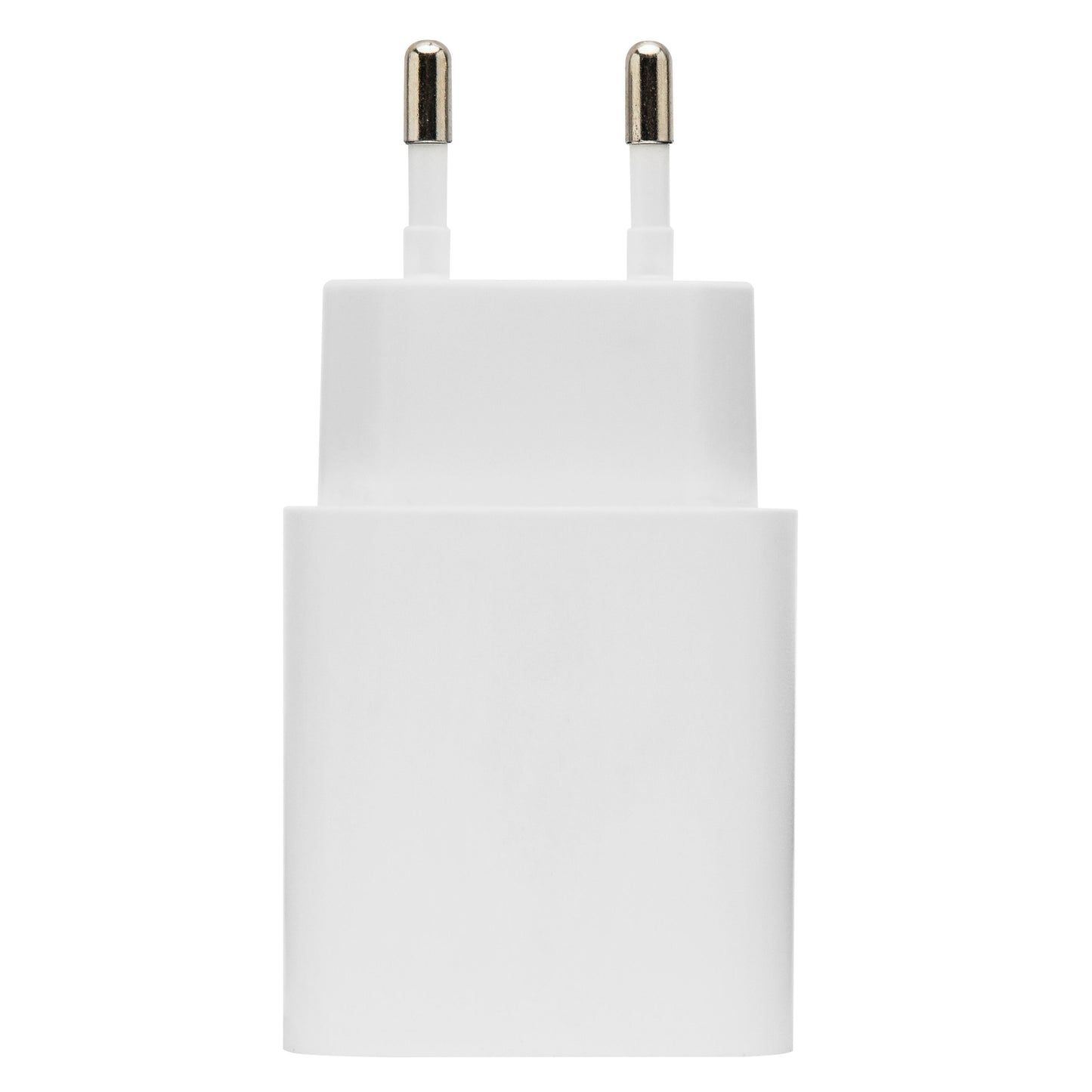 USB-oplader Quick Charge 3.0 18W, hvid, europæisk tobenet stikadapter, vises lodret.