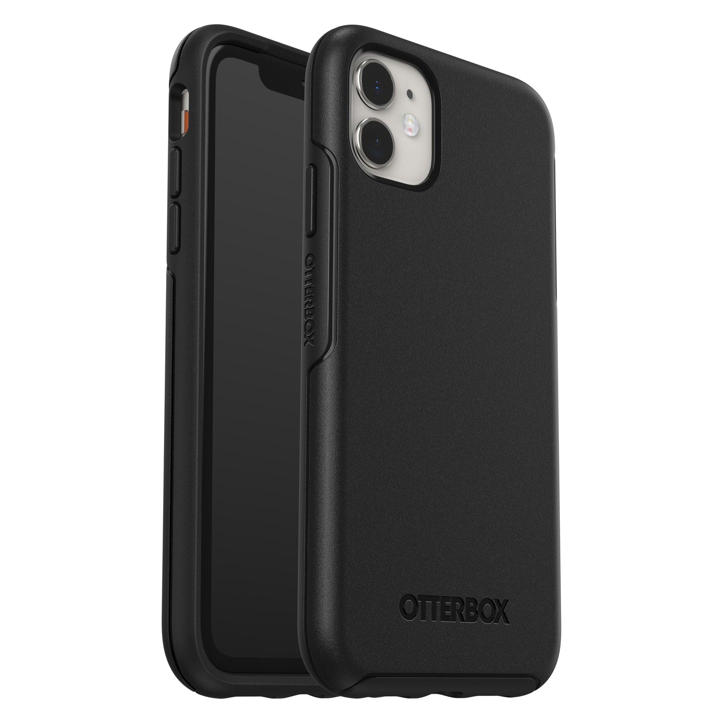 Otterbox Symmetry Robustt cover til iPhone 11 sort, vises for- og bagside med kamerahul og præget Otterbox-logo.
