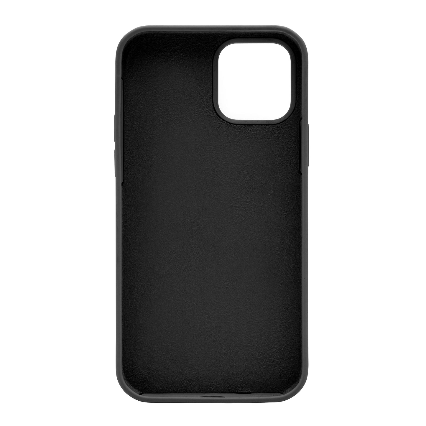 Linocell Rubber Case iPhone 12/12 Pro sort set bagfra med stort rektangulært kamerahul øverst til højre.
