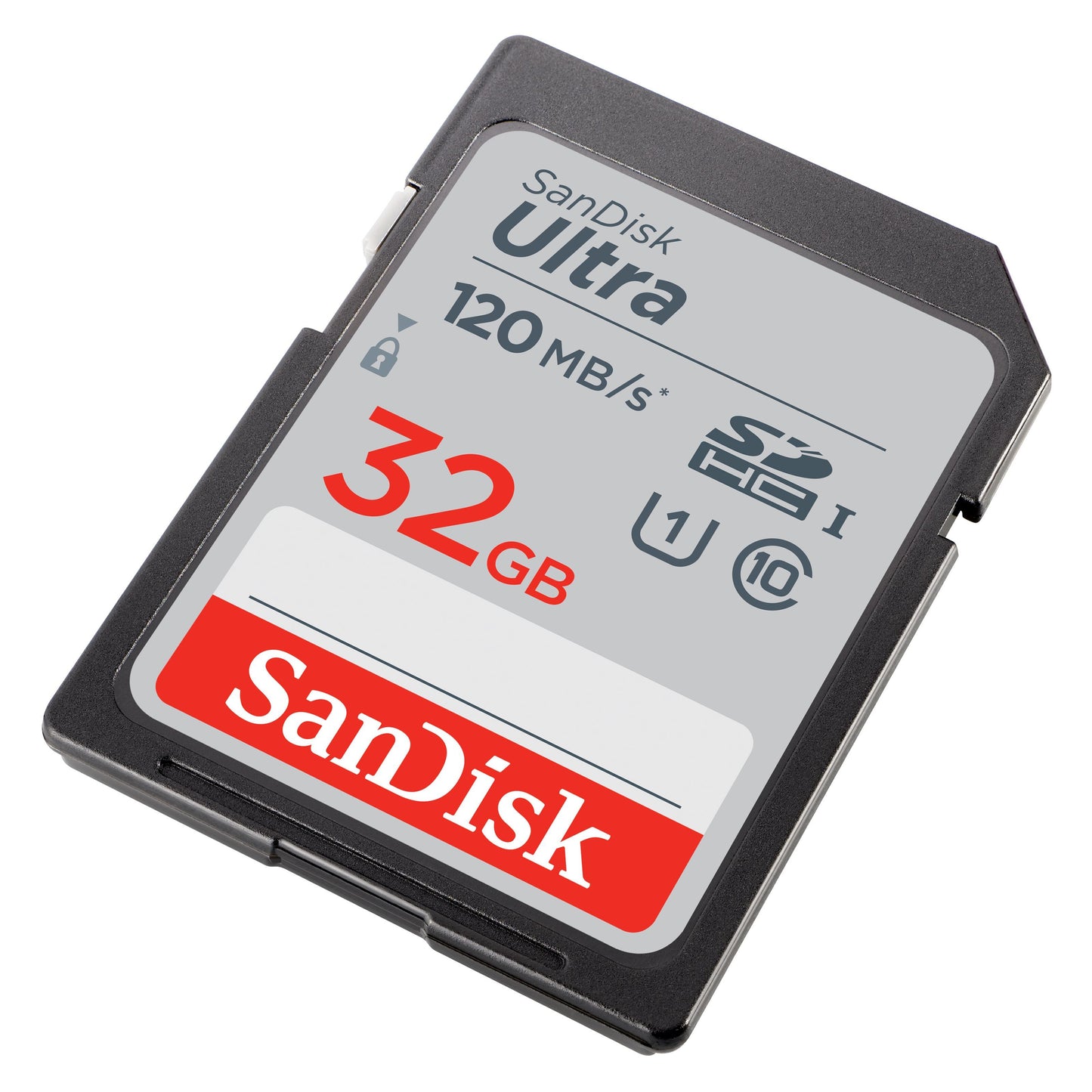 Sandisk Ultra SD-kort 32GB SDHC viser klasse-symboler på etiketten, let vinklet.