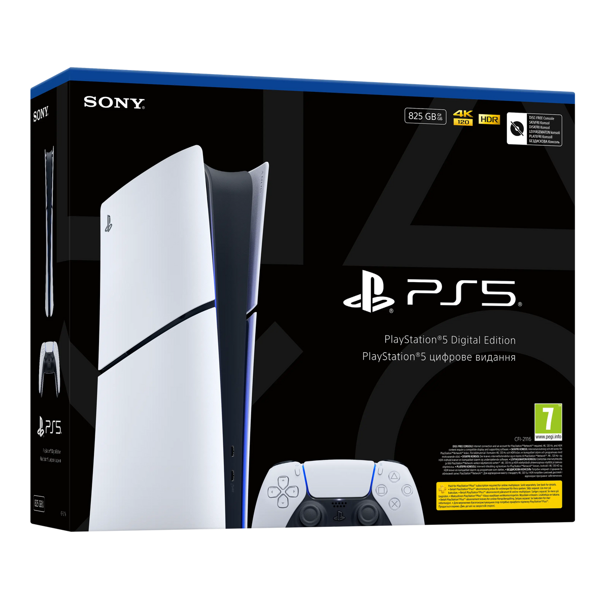 Sony PlayStation 5 Slim Digital Edition 825 GB E-chassis-konsol og trådløs controller i salgsemballage.