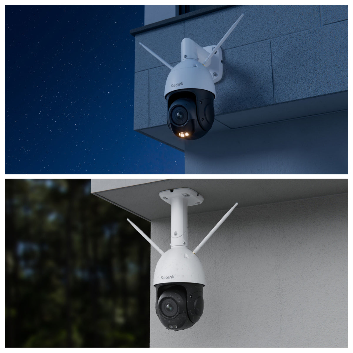 REOLINK W840 4K WiFi-overvågningskamera monteret udendørs, det ene med farvenattesyn og tændt lys, det andet monteret i loftet.