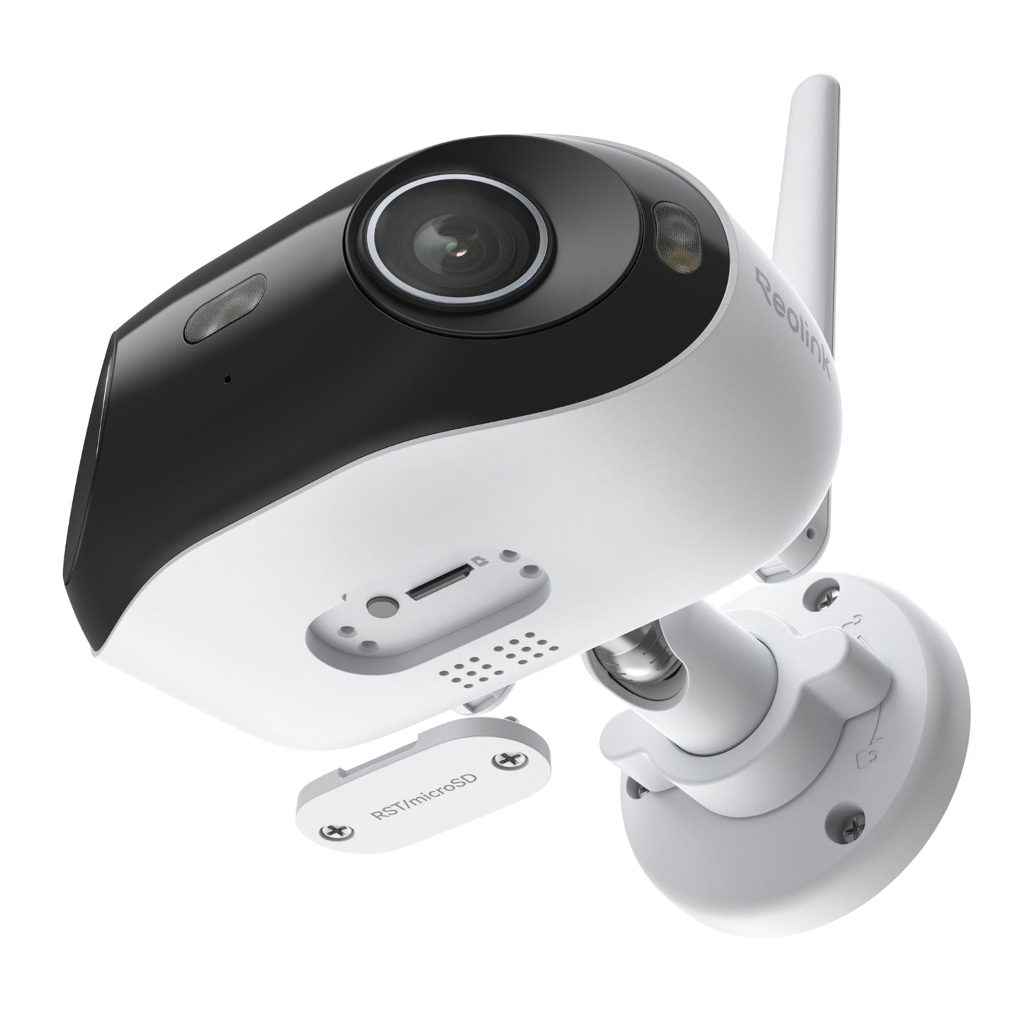 REOLINK Elite WiFi 4K 180° overvågningskamera, hvid/sort, med antenne, linse, højttaler, microSD-kortplads og synlige monteringsskruer.