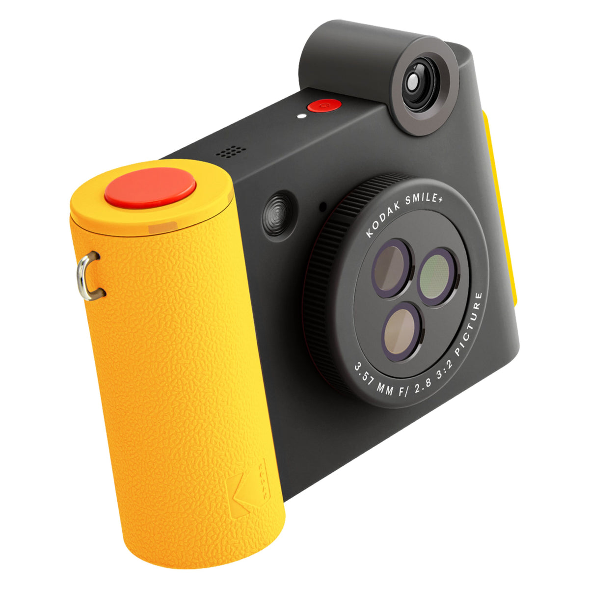 Sort Kodak Smile+ digitalkamera med ZINK-printer, Bluetooth, gult håndtag, rød udløserknap og cirkulært modul med tre linser.